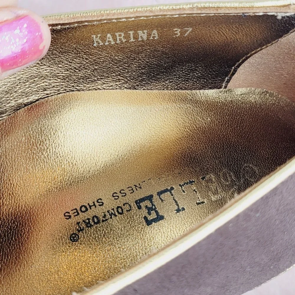 Gazelle Comfort Karina Brown Suede Paisley Embossed‎ Peep Toe Pumps Gold Trim 37